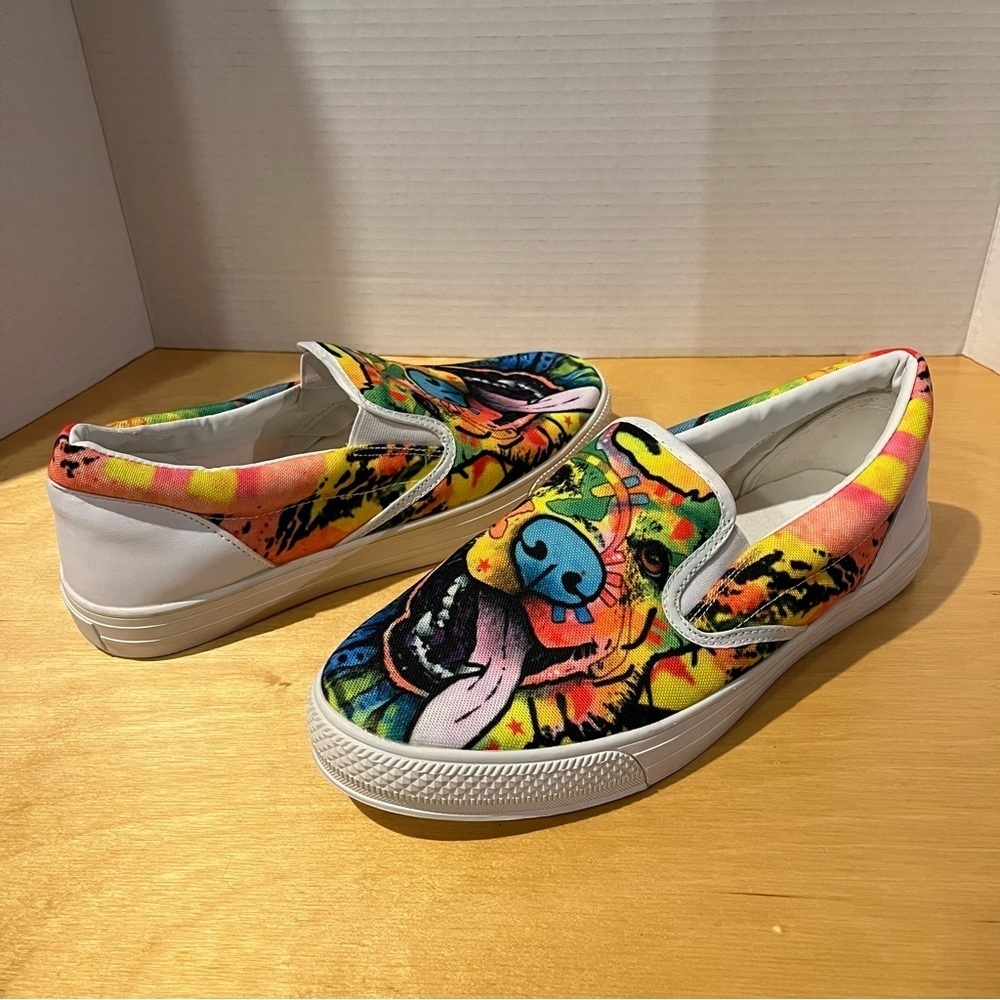 Colorful Dog Face Shoes Womens 9 Rainbow Hippie Boho Love Slip On